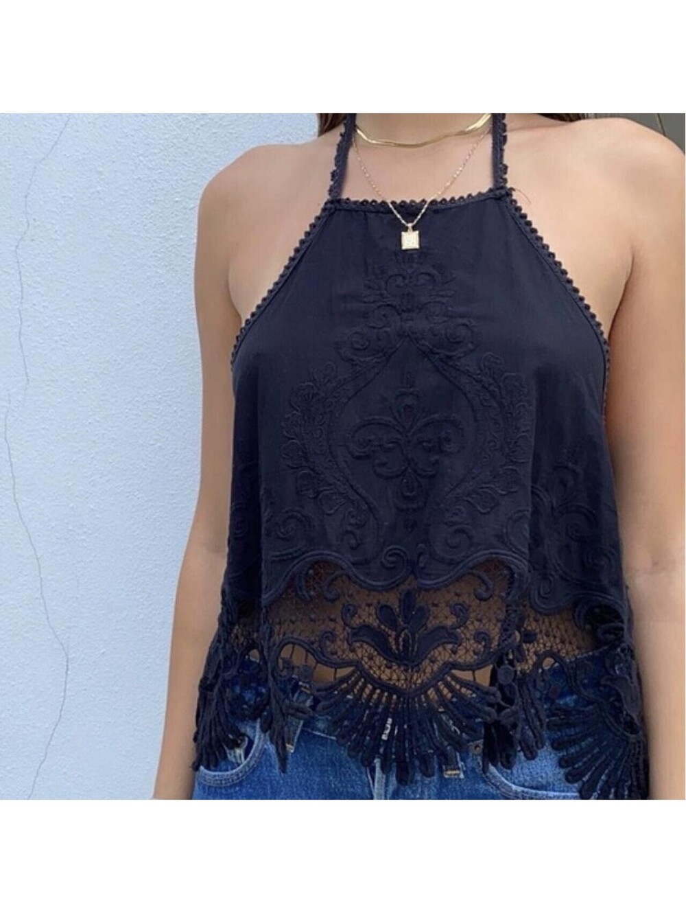 LA Hearts PacSun Black Halter Top Lace Crop Embroidered Medallion Festival S